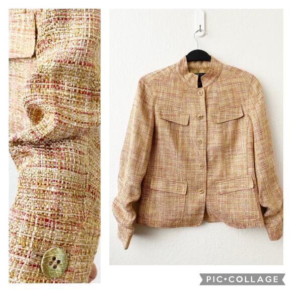 Lafayette 148 Tweed Womens Pink Gold Linen Blend Short Blazer Gathered Sleeve 6 - Picture 1 of 10